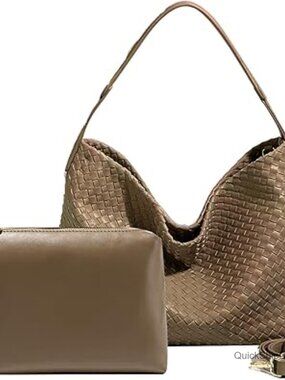 Vegan Leather Woven Hobo Tote with Adjustable Strap and Clutch